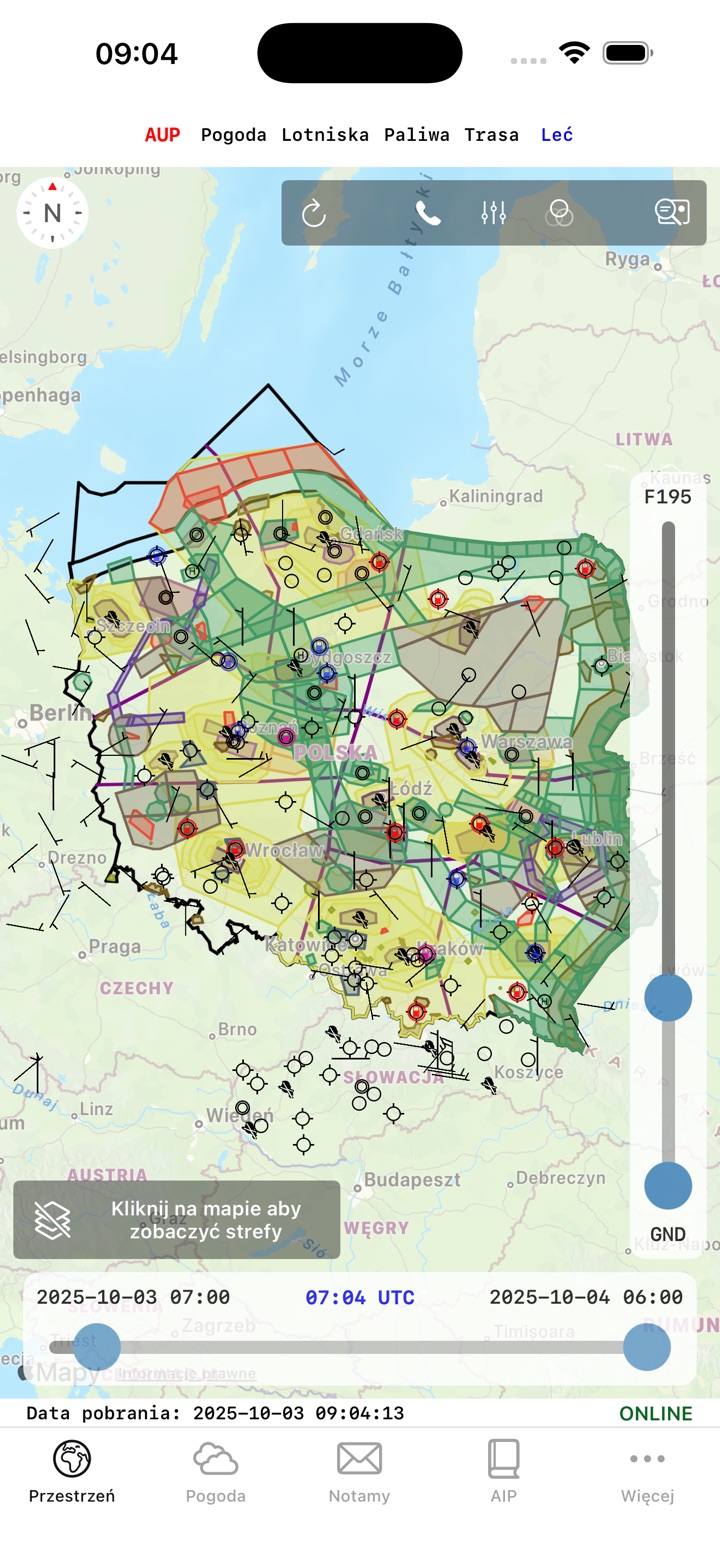 Map of Polish airspace with altitude and time sliders