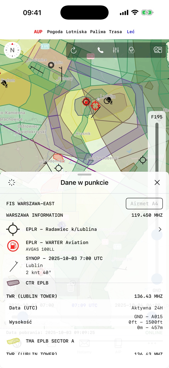 Point data card showing FIS, aerodrome, fuel station and zones