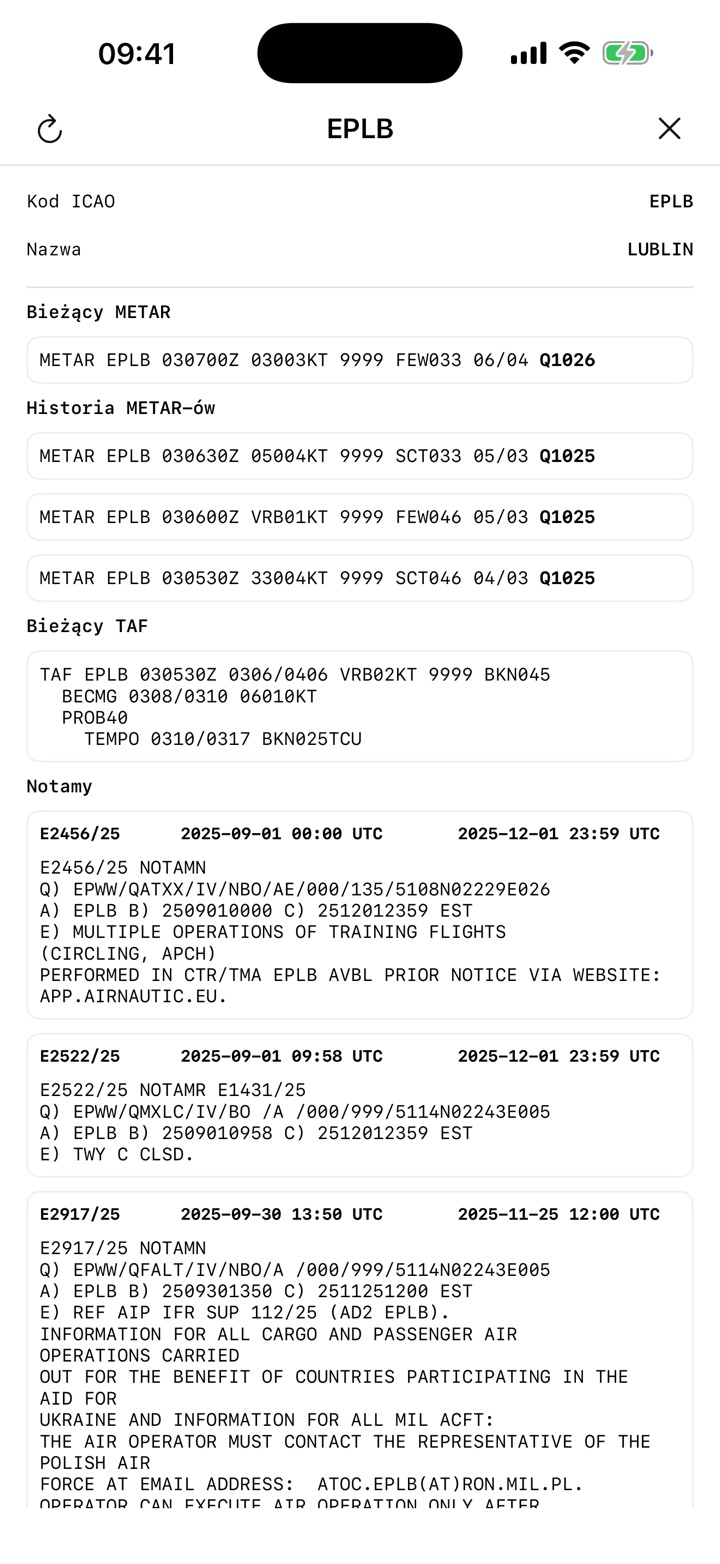 EPLB aerodrome card with METAR, TAF and NOTAMs